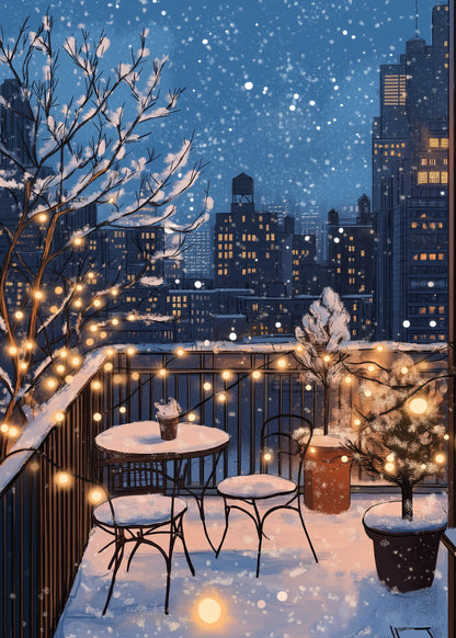 Charming Evening Winter Balcony Scene | Snowy Urban Decor Poster | Cozy Fairy Lights & Snowy Furniture | Cityscape Wall Art Print | Twinkling Snowflakes & Holiday Ambiance | Serene Winter Wonderland