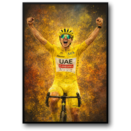 Tadej Pogačar | Enthusiastic Cyclist Poster | Celebratory Racing Bicycle Print | Vibrant Yellow Jersey | UAE Emirates & Santini Branding | Energetic Pose Against Abstract Background | Competitive Spirit Artwork