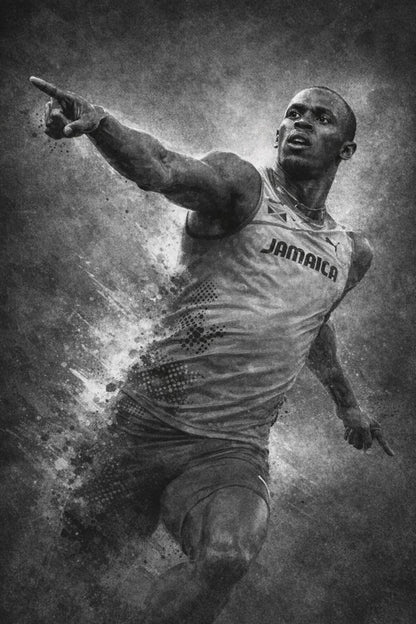 Usain Bolt | Sports Wall Art | Athlete in Jamaica Jersey | Artistic Grunge Style | Monochrome Print for Home, Office, Gym Decor | Energetic & Motivational Poster | Inspiring Athletic Art Print