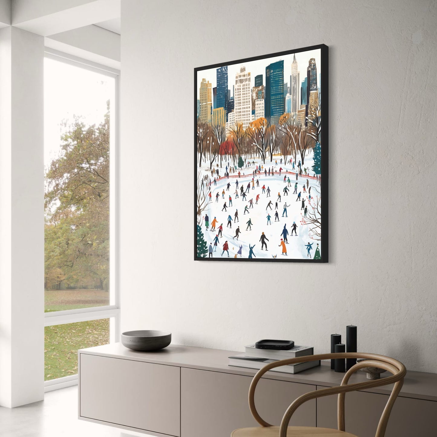 Festive Winter Wonderland | Vibrant Cityscape Background | Crowd of Skaters | Urban Snow-Filled Holiday Experience | Poster | Print