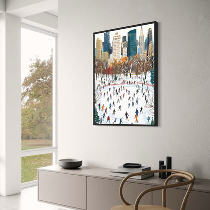 Festive Winter Wonderland | Vibrant Cityscape Background | Crowd of Skaters | Urban Snow-Filled Holiday Experience | Poster | Print