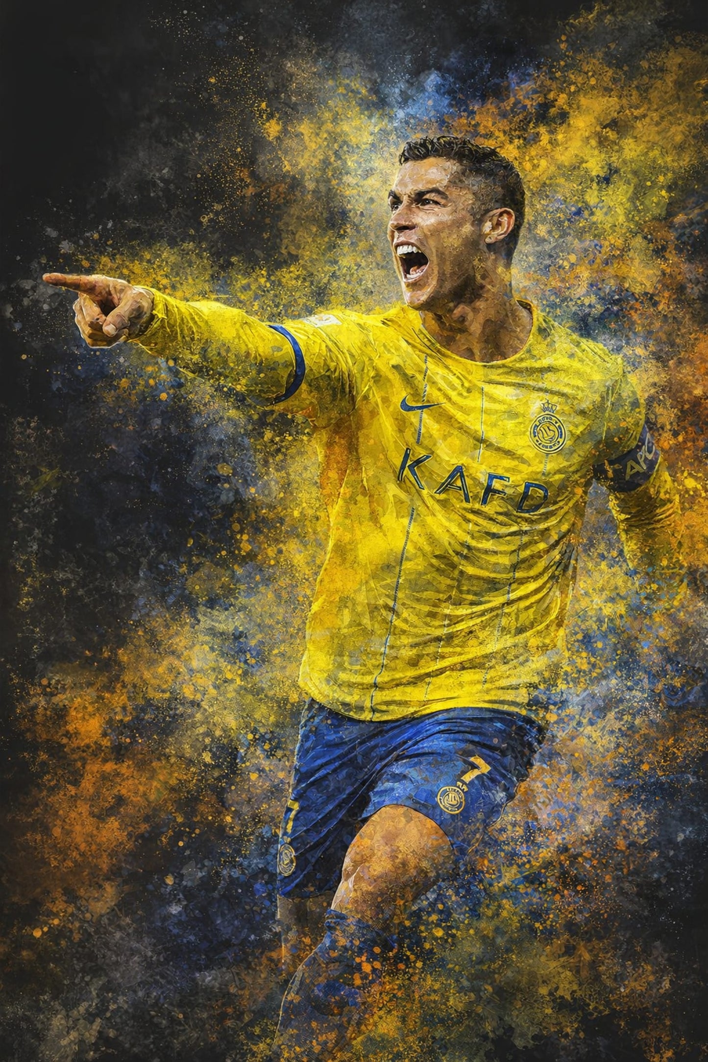 Cristiano Ronaldo | Soccer Art | Vibrant Poster with Athlete in Yellow & Blue | Unique Paint Splatter | Inspirational Home Decor | Action Print for Sports Enthusiasts & Art Lovers | Motivational Wall Artwork