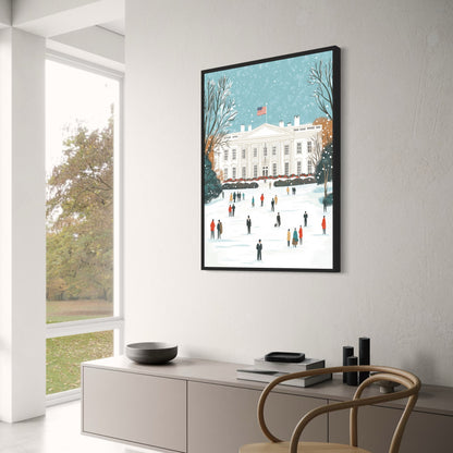 Charming Winter Scene | Iconic White House Art Print | Snow-Covered Landscape & Holiday Atmosphere | Festive Poster for Home Decor | Architectural Details & Frosted Trees | Inspirational Winter Wonderland
