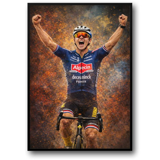 Fietser Triomf | Professionele Rijder in Alpecin-Deceuninck Outfit | Levendige Oranje & Blauwe Explosieve Achtergrond | Sport Decor Wandkunst | Overwinning & Atletische Trots Poster Print