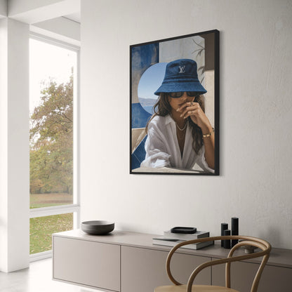 Stylish Fashion Woman in Blue Hat and Sunglasses | Elegant Art Decor | Chic Wall Poster | Luxury Style Print
