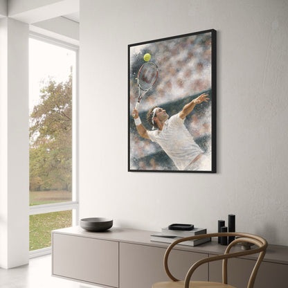 Roger Federer | Tennis Scene | Watercolor Style | Action-Packed Tennis Player Serve | Sport Room Art | Vibrant Action Poster Print