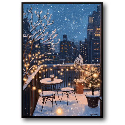 Charming Evening Winter Balcony Scene | Snowy Urban Decor Poster | Cozy Fairy Lights & Snowy Furniture | Cityscape Wall Art Print | Twinkling Snowflakes & Holiday Ambiance | Serene Winter Wonderland