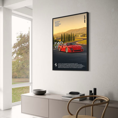 Enzo Ferrari F40 V8 | Iconic Sports Car | High Performance Classic | Automotive Art Print | Vintage Racing Poster
