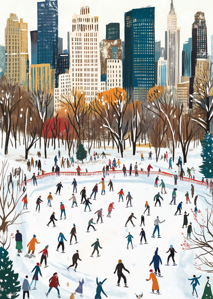 Festive Winter Wonderland | Vibrant Cityscape Background | Crowd of Skaters | Urban Snow-Filled Holiday Experience | Poster | Print