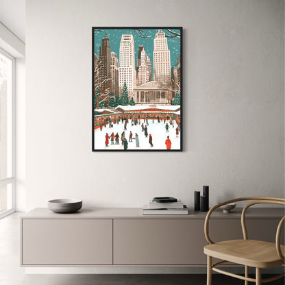 Festive Winter Wonderland | Holiday Skaters & Market | Vibrant Christmas Trees | Snowy Urban Scene | New York City | Poster Print
