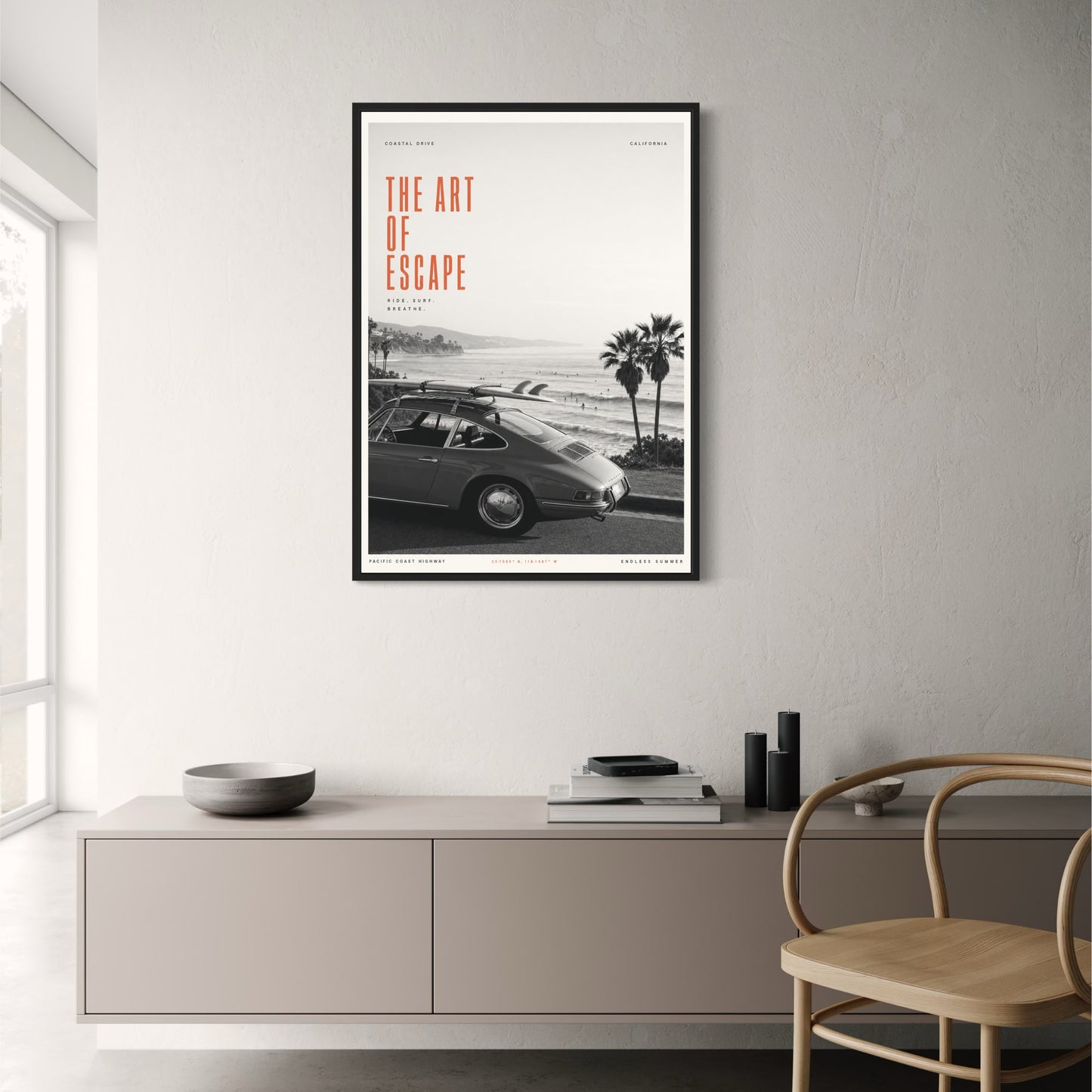 Classic Coastal Drive Car Scene | Surf Adventure | Art of Escape Poster | Travel Inspiration | California Scenic Print