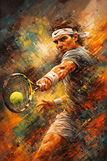Rafael Nadal | Tennis Action Art | Vibrant Brushstrokes | Energetic Athlete Motion | Colorful Swirl | Sport Enthusiast Poster Print