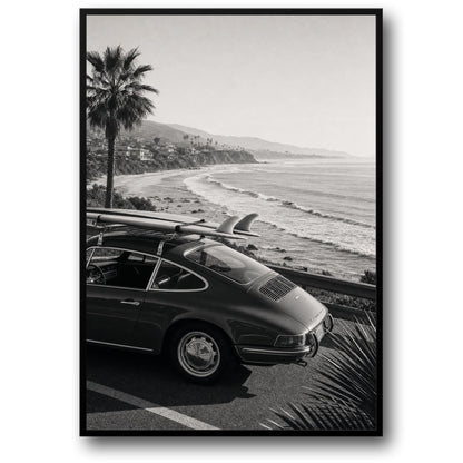 Vintage Beach Drive | Classic Car with Surfboard by Ocean | Palm Trees Scenic View Art Print Poster