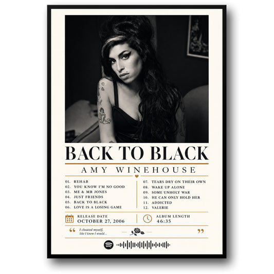 Back to Black Muziek Poster | Album Kunstafdruk | Amy Winehouse Liedjes Ontwerp | Wanddecoratie | Vintage Muziek Album Posterafdruk | Thuisdecoratie | Verzamelaars Wandkunst | Cadeau voor Muziekliefhebbers | Iconische Album Poster