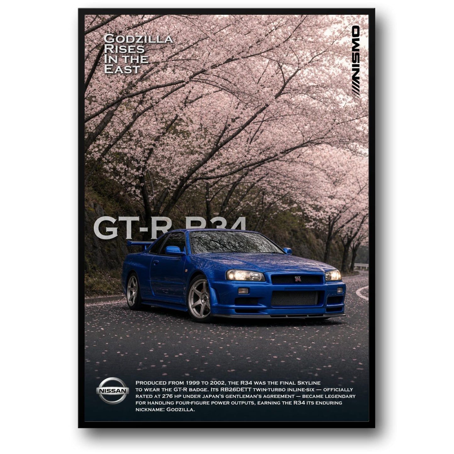 Nissan GT-R R34 Skyline | Cherry Blossom Road Scene | Iconic Japanese Sports Car Poster | High-Quality Auto Art Print