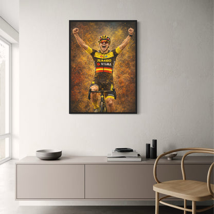 Triumphant Cyclist Art | Jumbo-Visma Team Racing Kit | Sports Scene | Vibrant Yellow Orange Accents | Motivational Poster | Cycling Enthusiasts Wall Decor | High-Resolution Print
