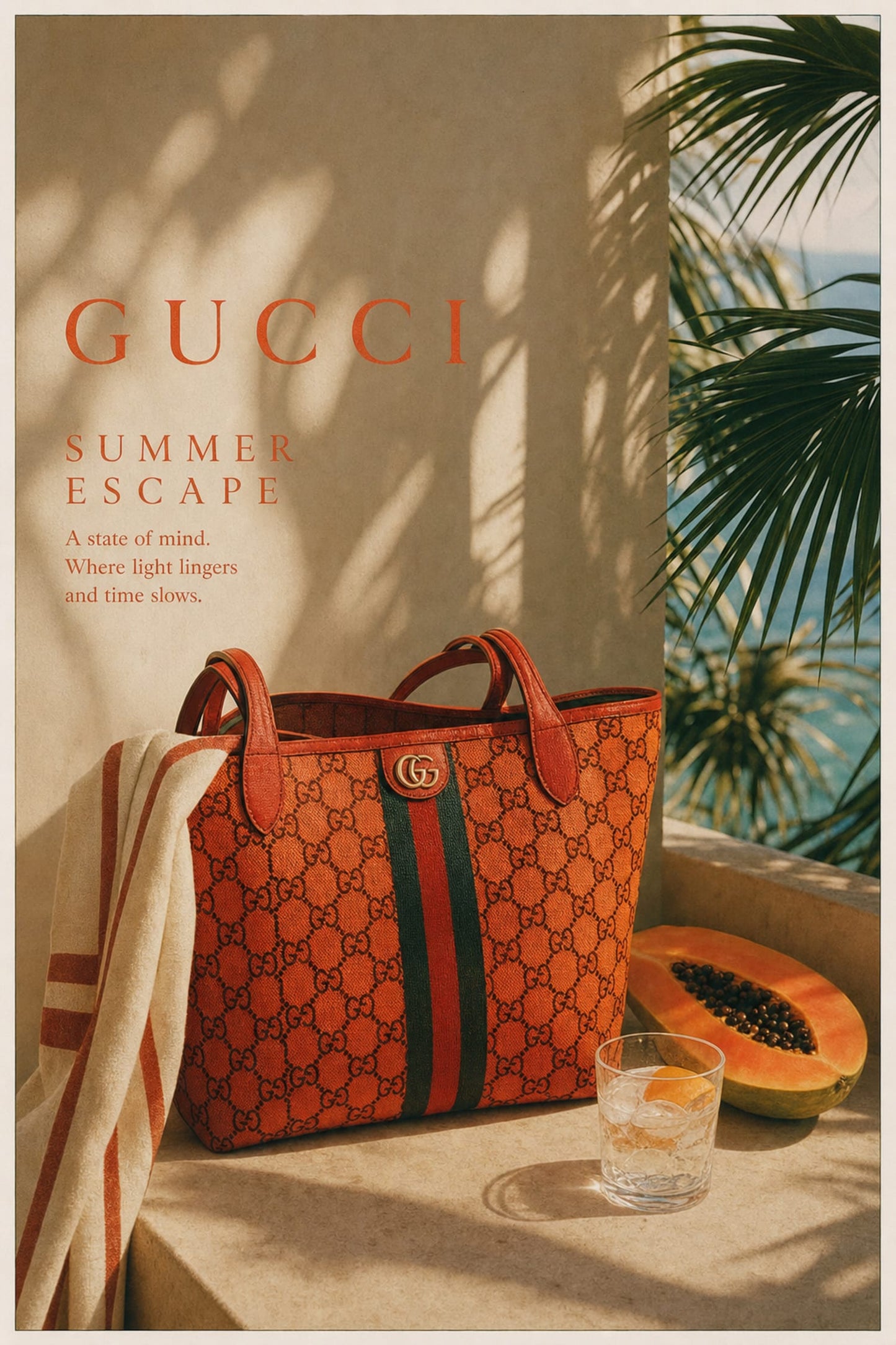 Gucci Summer Escape Luxury Fashion Art | Stylish Bag and Tropical Vibes | Premium Wall Poster Print for Home Decor