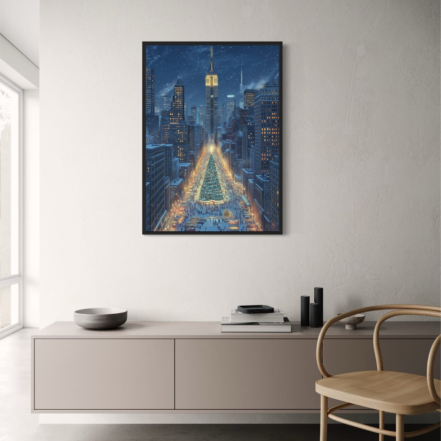 Majestic Winter Night | Christmas Tree Cityscape | Snow-Covered City | Holiday Atmosphere | Festive Scene | Urban Poster | Print