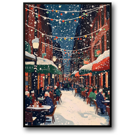Charming Urban Winter Scene | Colorful String Lights | Outdoor Café | Cozy Holiday Atmosphere | Vibrant Poster Print for Home Decor