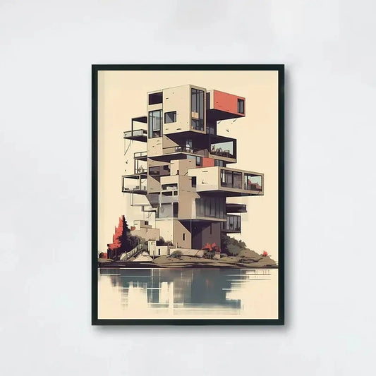 Lakeside Modern Architecture Poster | Layered Building Art Print | Minimalist Landscape | Stylish Wall Decoration