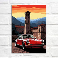 Porsche 911 Poster | Sonnenuntergang über toskanischen Dörfern | Mediterrane Aussicht | Zeitloses Porsche Journeys Dekor