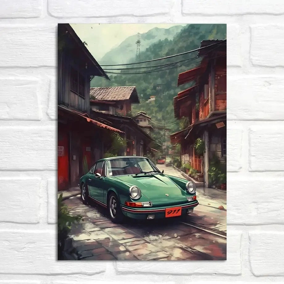 Porsche 911 Poster | Old Town Road in the Mountains Art | Historic Exploration Print | Nostalgic Routes Artwork