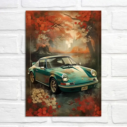 Porsche 911 Poster | Verträumte Kirschblütenszene | Frühlingsblütenfahrt | Ruhige Kurzurlaube