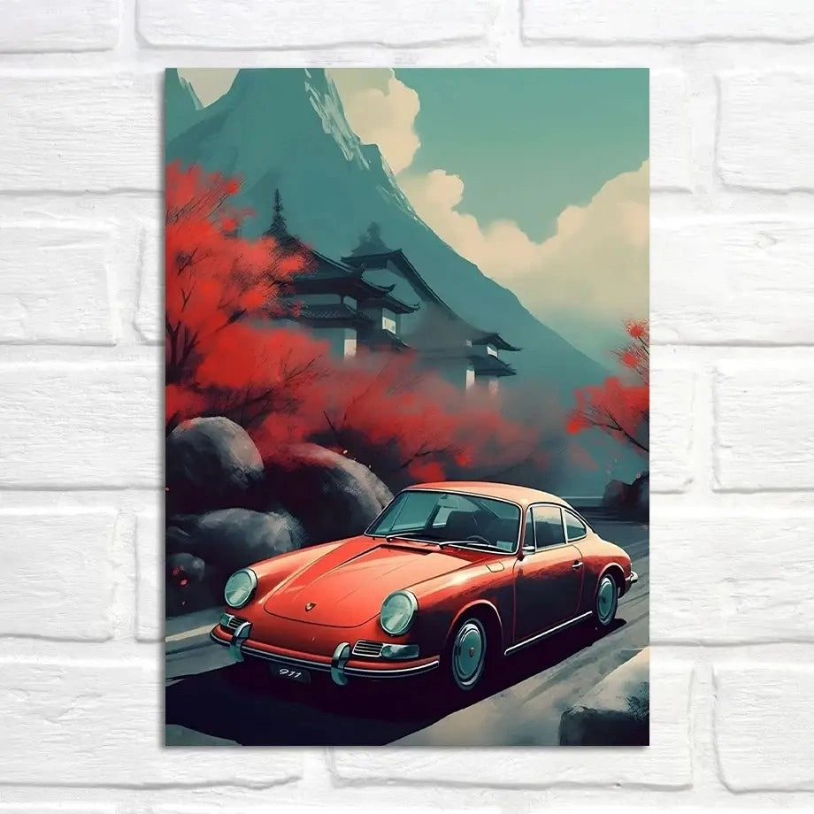 Porsche 911 Poster | Zen-Ruhe am Roten Schrein | Kulturelles Immersionskunstwerk | Lebendiger Landschaftsdruck