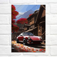 Porsche 911 Poster | Herbstlicher Spaziergang durch historisches japanisches Dorf | Kunstwerk einer kulturellen Expedition