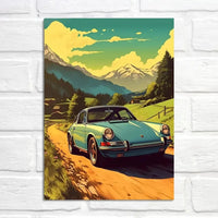 Porsche 911 Poster | Sonnige Fahrt | Abenteuer auf Alpenwiesen | Majestätische Berglandschaft | Kunstdekor für malerische Kurzurlaube