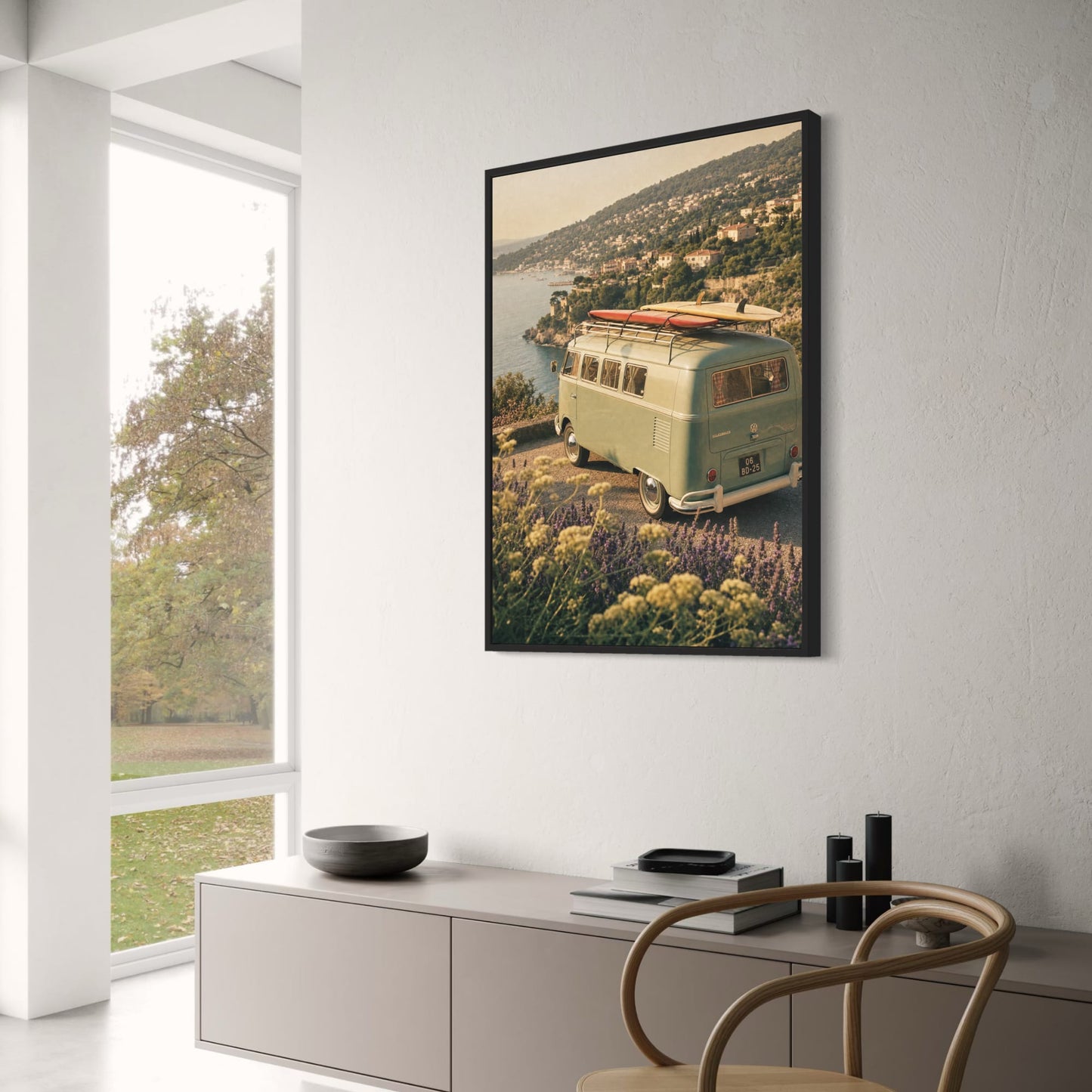 Vintage Camper Van by Seaside | Scenic Landscape | Retro Travel Art Print | Coastal View | Adventure Poster