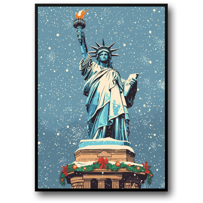 Festive Winter Scene | Statue of Liberty | Christmas Decor | Snowflakes and Garland | New York Style Seasonal Art Print | Holiday Poster | Iconic Monument | Cultural Significance | Stylish Wall Art Decor
