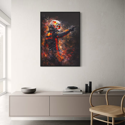 Max Verstappen | Racing Driver Artwork | Motorsport Print | Red Bull Branding | Vibrant Red & Black | Splatter Art Background | High-Speed Energy | Decorative Poster