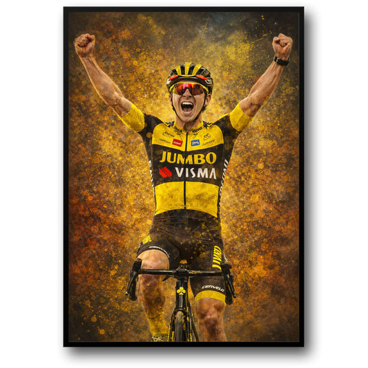 Triomfantelijke Fietser | Levendige Jumbo Visma Team Kleding | Intense Energie Uitbarsting | Sport Overwinning | Fiets Enthousiast | Cervélo Fiets | Thuis Decor Poster Print