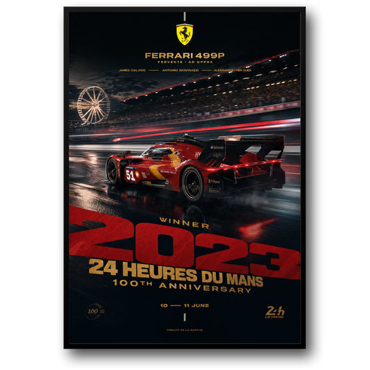 Ferrari 499P 24 Uur van Le Mans 2023 Winnaar | Motorsport Racing Kunst | 100e Verjaardag Print | Verzamelaars Poster