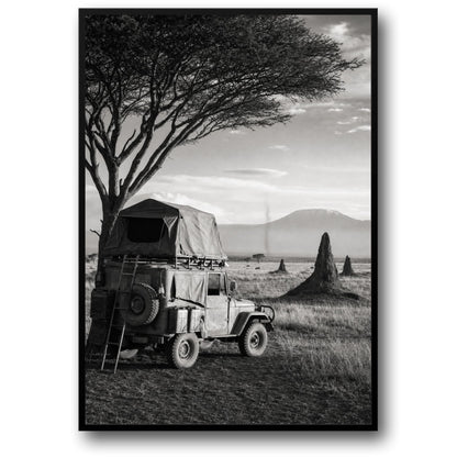 Adventure Safari Jeep | Serengeti Landscape Art Print | Black and White Poster | Nature and Travel Wall Decor | High Quality Print