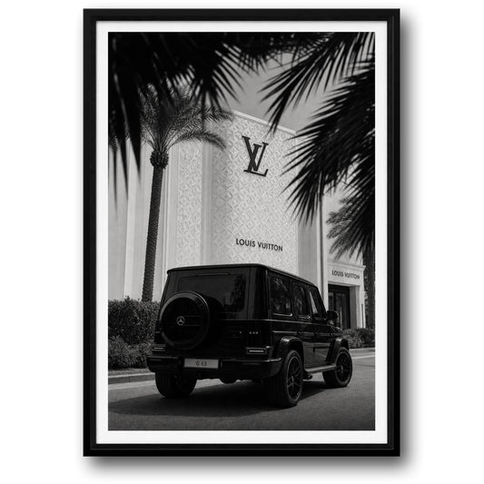 Mercedes G-Class G63 at Luxury Storefront | Black and White Art Print | Wall Decor Poster | Modern Home Interior Design