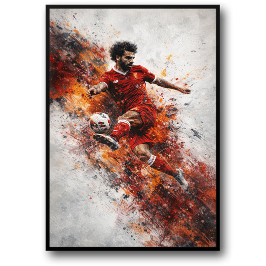 Voetbal Kunst | Speler Rood & Oranje Beweging | Penseelstreek Effecten | Levendige Sport Decor | Muur Print voor Enthousiastelingen | Atletische Actie Poster