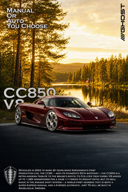 Koenigsegg CC850 V8 | Retro-Modern Eerbetoon | Luxe Sportwagen Erfenis | Hoogwaardige Prestaties Motor Kunstprint Poster