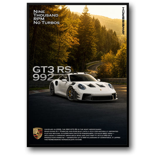Porsche GT3 RS 992 | Hoogwaardige Prestaties Auto Kunst | Negenduizend RPM | Automobiel Poster | Muurdecoratie Print | Cadeau voor Sportwagenliefhebbers