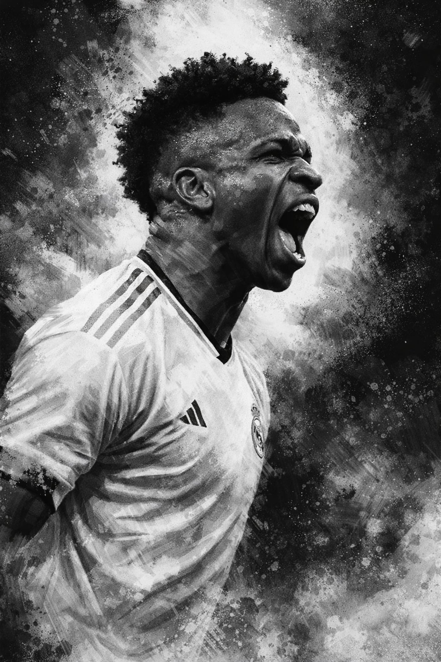 Football Art | Energetic Soccer Player | Striking Stripe Jersey | Intense Expression | Abstract Paint Splatter | Motivational Wall Poster | Perfect Decor for Sports Lovers & Gyms | Art Print