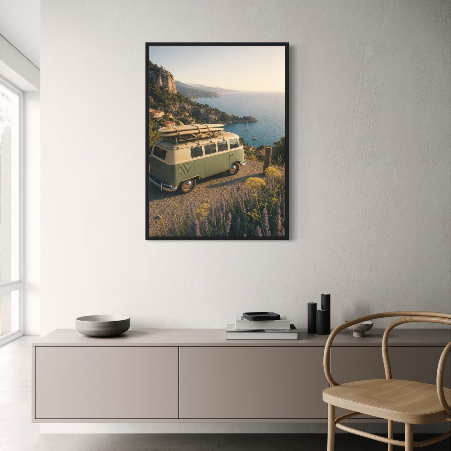 Vintage Surf Van Coastal Road Trip | Scenic Ocean View | Travel Adventure Art Print | Retro Photography Poster