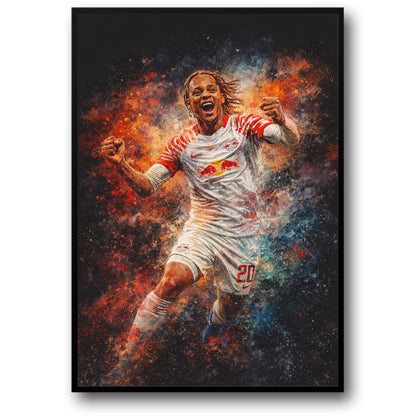 Yussuf Poulsen | Soccer Canvas | Energetic Football Art Decor | Vibrant Soccer Celebration Poster | Red Bull Leipzig Themed Print | Perfect Wall Art for Sports Bars | Inspirational Decor for Football Enthusiasts