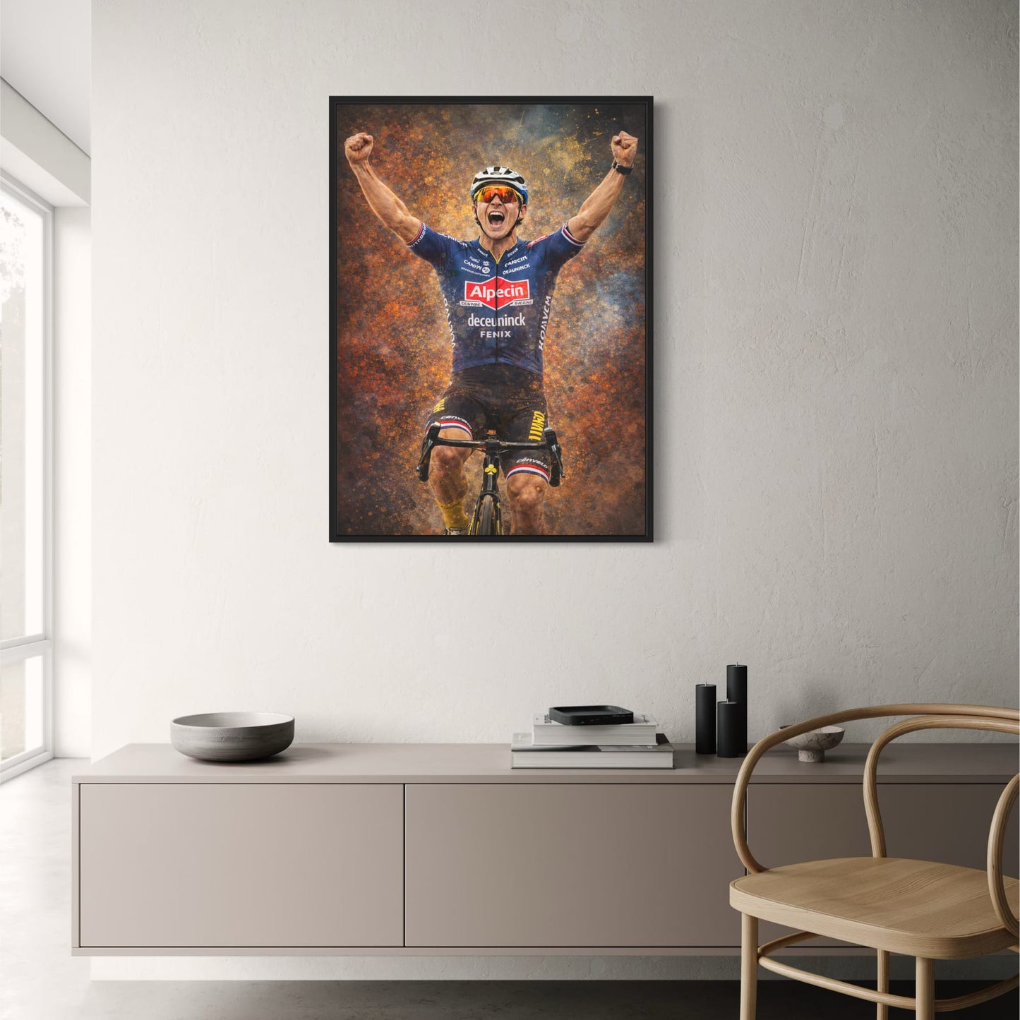 Cyclist Triumph | Professional Rider in Alpecin-Deceuninck Kit | Vivid Orange & Blue Explosive Background | Sports Decor Wall Art | Victory & Athletic Pride Poster Print