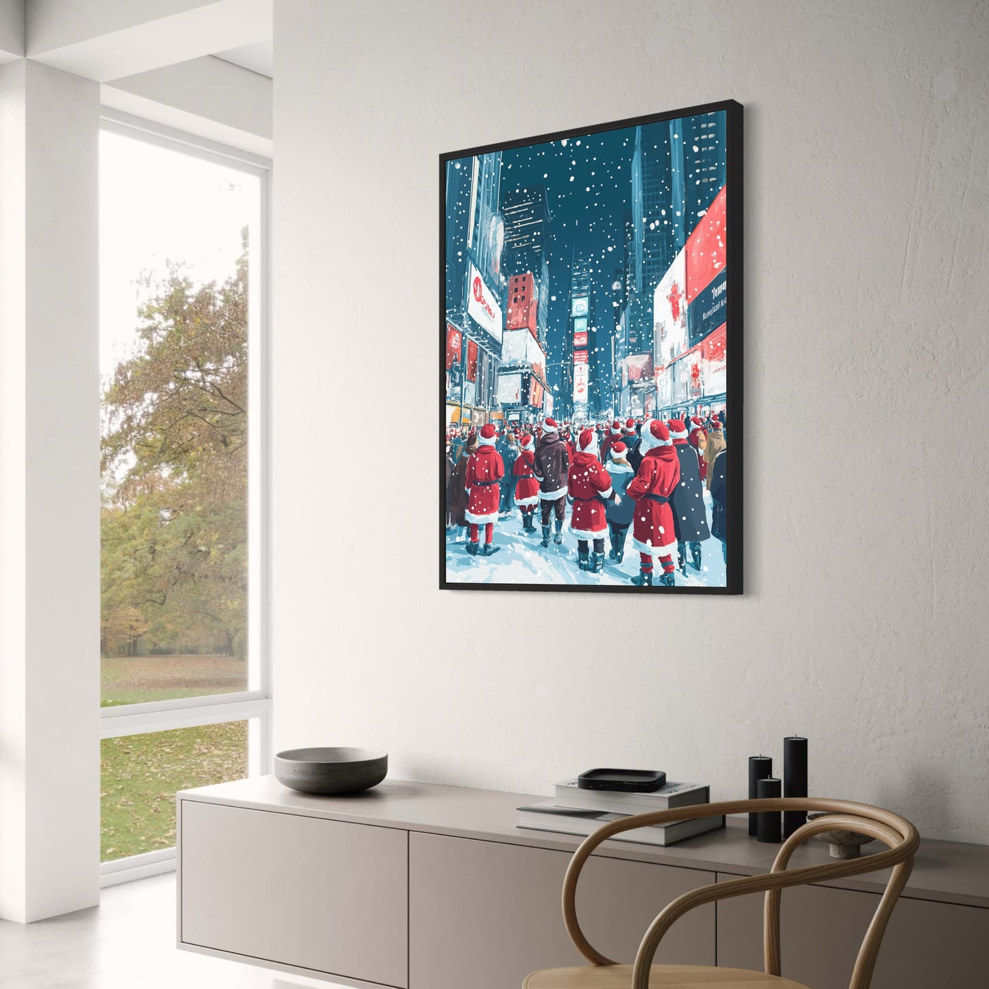 Festive Times Square Scene | Joyful Santa Crowd | Snowy Urban Night | Skyscrapers & Holiday Lights | Winter Wonderland Print for Christmas Decor | Community Spirit | Holiday Season Poster