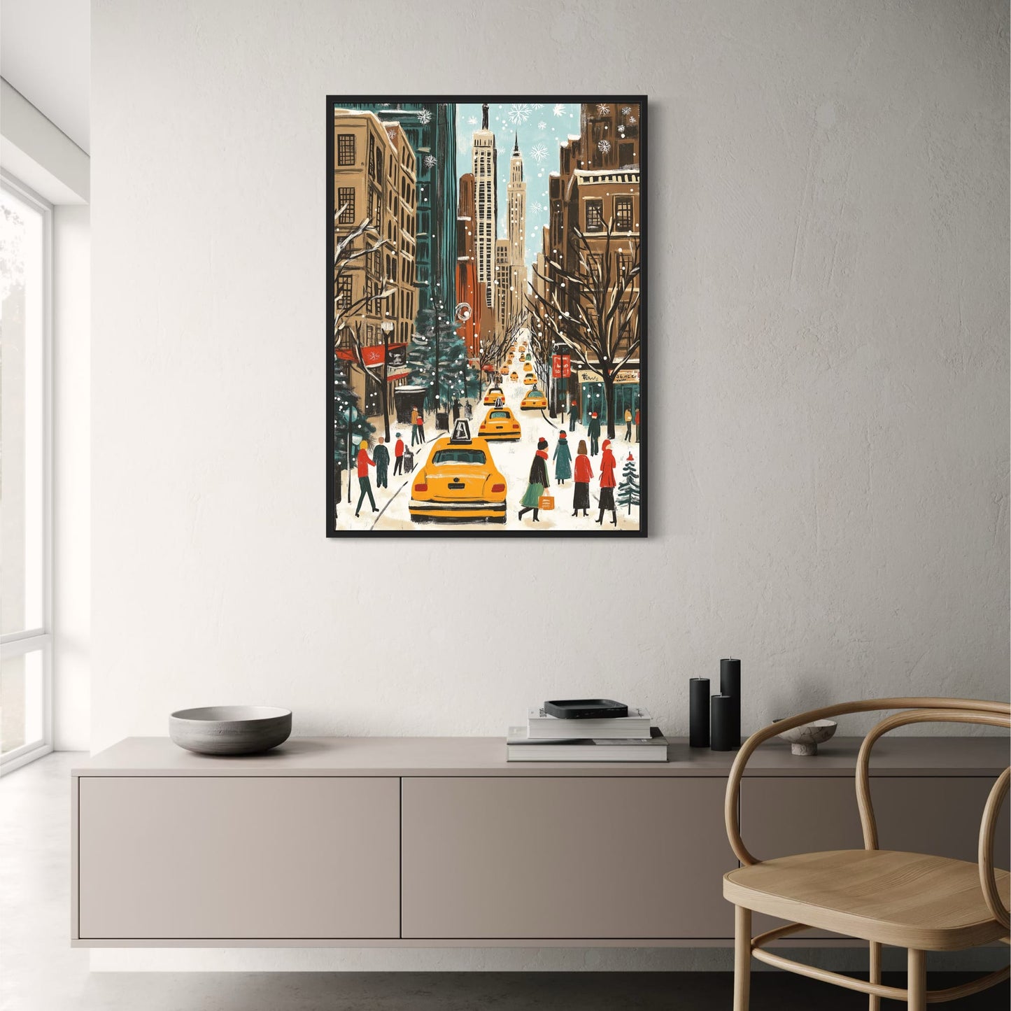 Snowy Urban Winter Cityscape Poster | Busy Streets & Yellow Cabs | Vibrant Holiday Scene Art Print | Skyscrapers & Decorated Trees | Charming Seasonal Skyline | Iconic Metropolitan Art Print