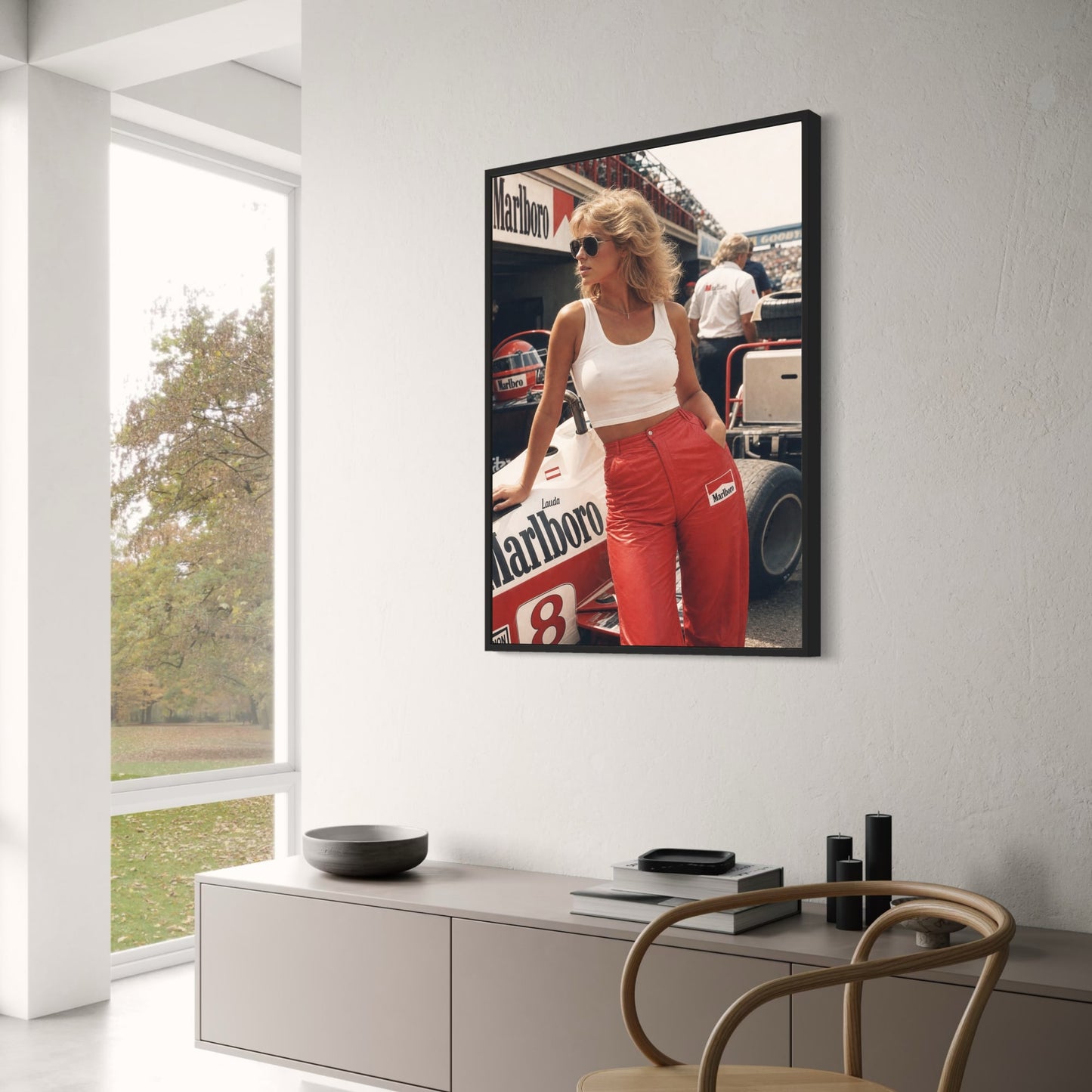 Vintage Racing Scene | Retro Marlboro Theme | Iconic Formula 1 Car | 80s Style Fashion | Motorsport Art Print Poster