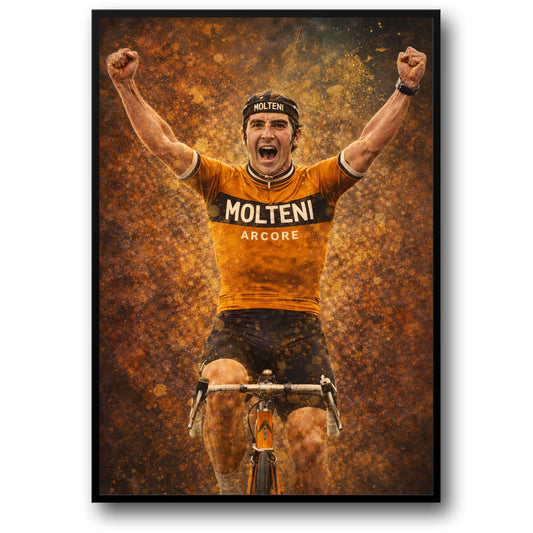 Eddy Merckx | Fietser Viering Kunst | Vintage Molteni Arcore Trui | Wegwielrennen Geest Poster | Levendige Fiets Print Decor