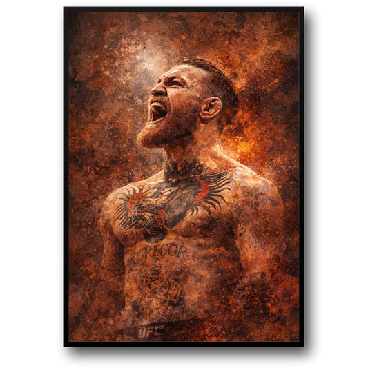 Conor McGregor | UFC Vechter Poster | Gedurfde Schreeuwende Houding met Intricate Tattoo en Vurige Abstracte Ontwerp | Ideaal voor Fans | Levendige Vechtkunst Print voor Decor Liefhebbers