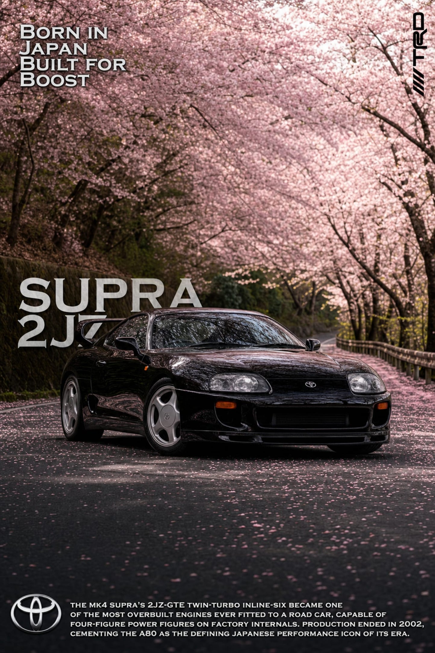 Toyota Supra MK4 2JZ | Japanese Iconic Car Art | Cherry Blossom Scene | Turbocharged Engine Legend | Performance Car Poster Print